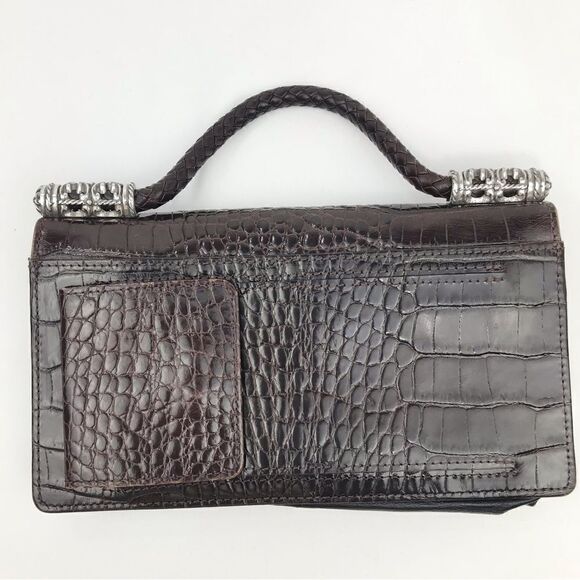 Brighton Brown Leather Reptile Embossed Silver Hardware Strap Wallet Mini Bag - Picture 3 of 16